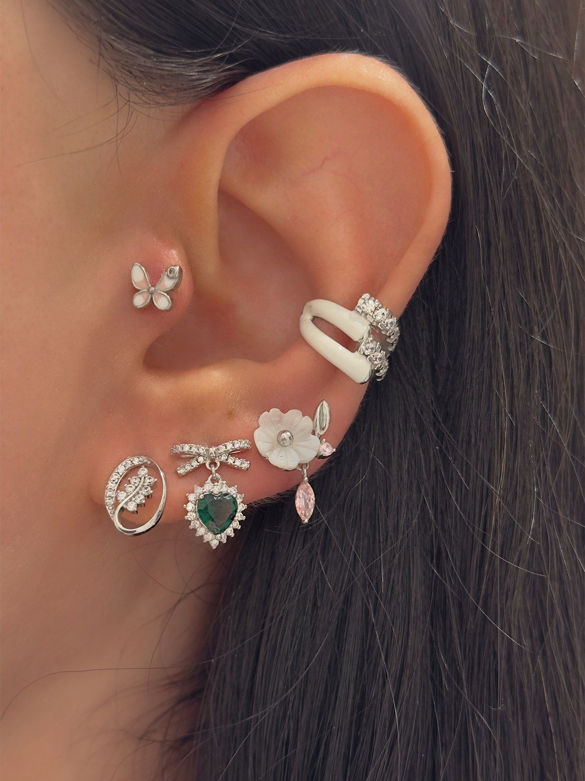 Çift Sıra Taşlı Beyaz Mine Ear Cuff