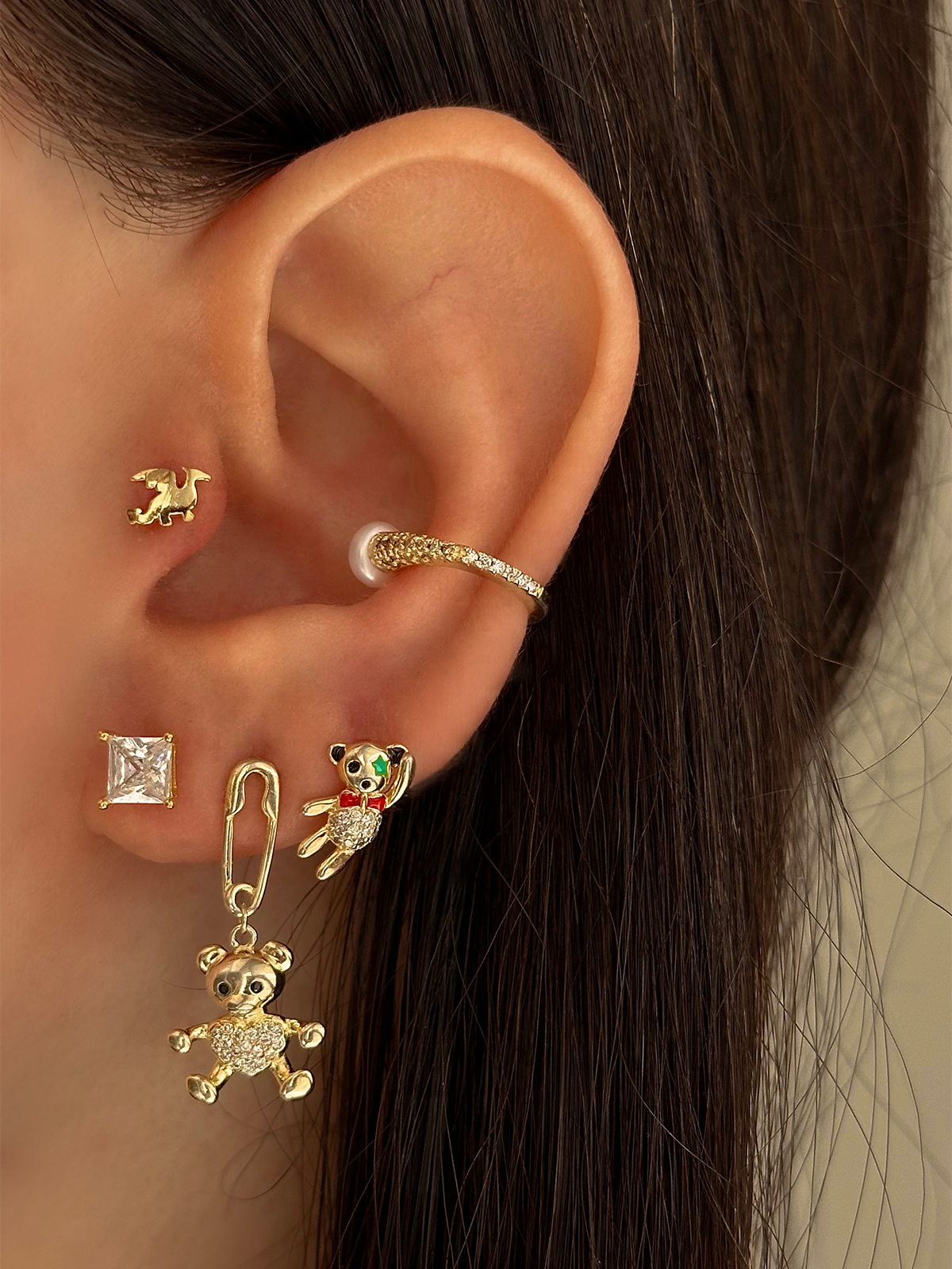 Ucu İnci Yarım Tur Taşlı Ear Cuff
