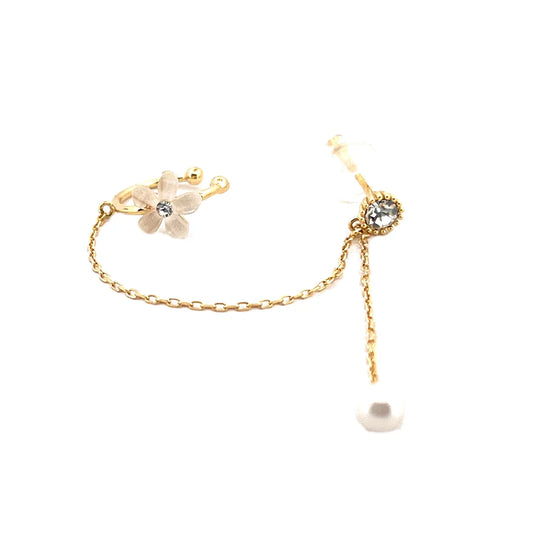 Flower Cuff X Dangling Pearl Bezel Chain Gold Stud Küpe