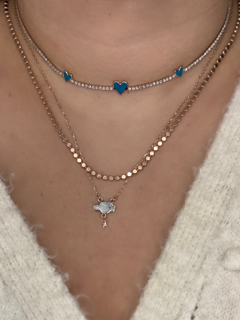 Mavi Mineli Üç Kalp Su Yolu Choker Kolye