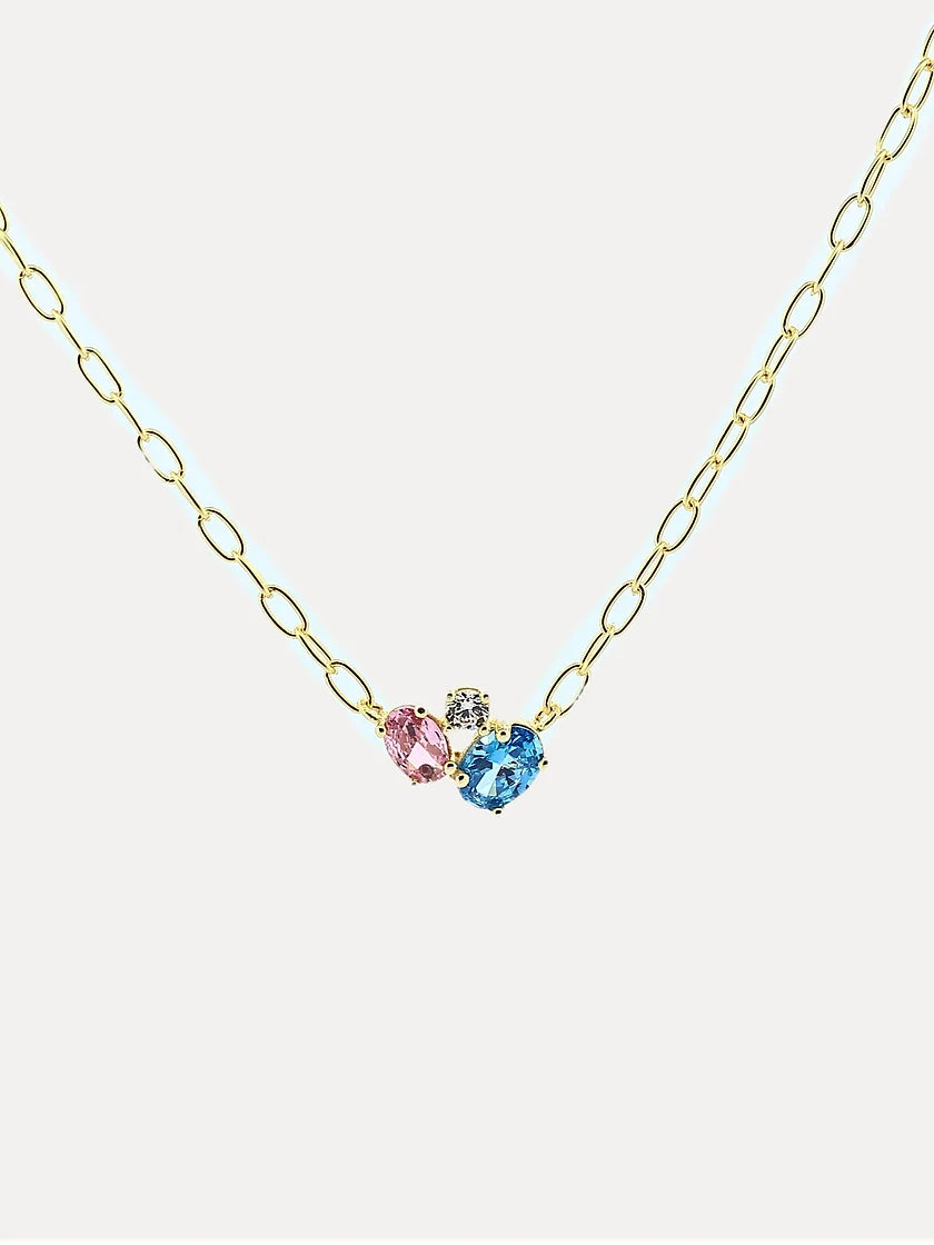 Mini Taş Renkli İkili Oval Geniş Zincir Kolye