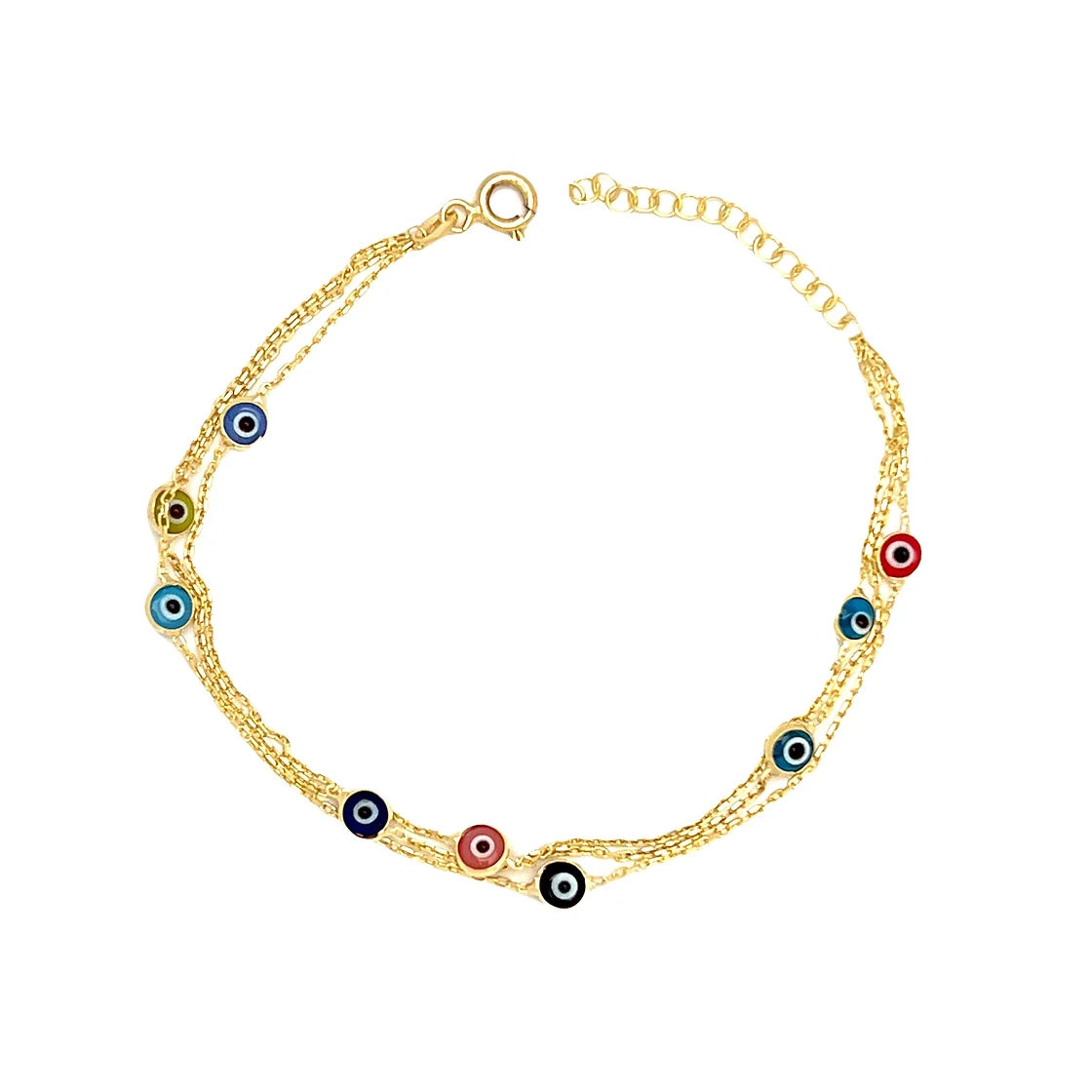 Multicolor Turkish Eye Three Row Gold Chain Bileklik