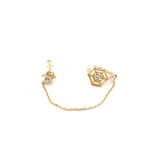 Örümcek Küpeli & Ağ EarCuff Zincirli Gold Küpe