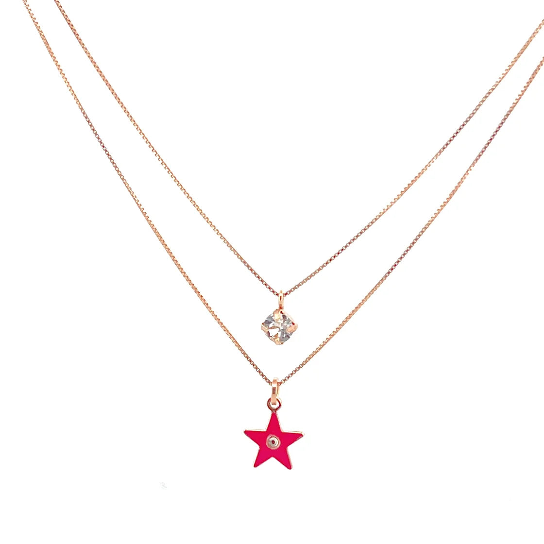 Pink Star Double Line Rose Chain Kolye