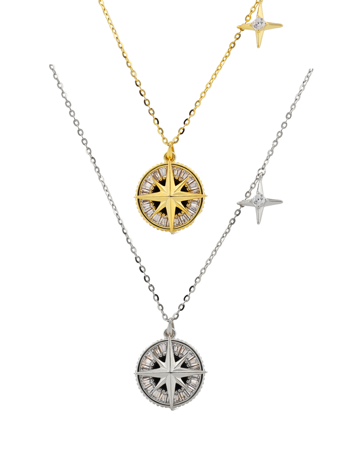 Yan Yıldız Sallantılı Siyah Taşlı Pusula Kolye